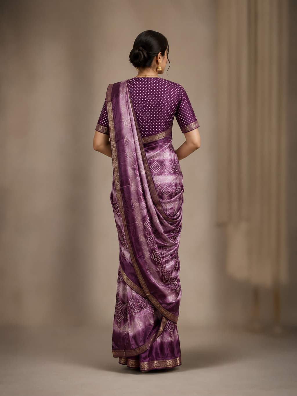 Premium Purple Bandhani Silk Blend Saree with Elegant Zari Border