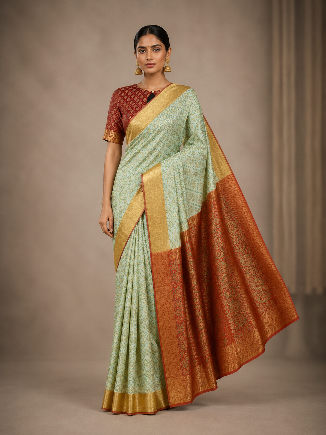 Olive Green Bandhani Print Designer Saree with Elegant Border
