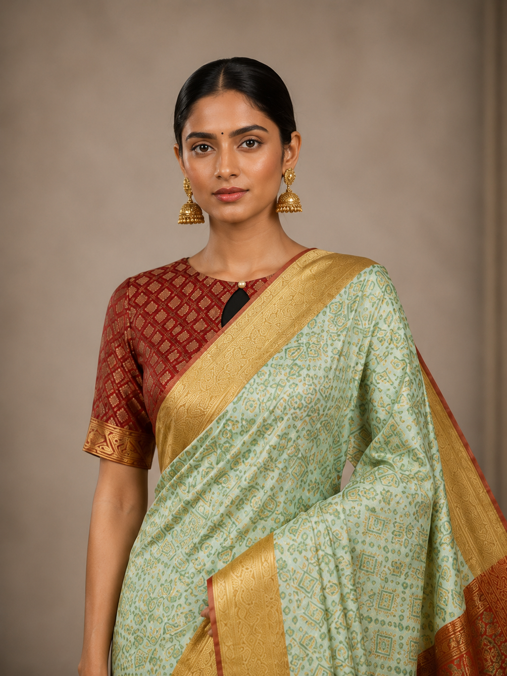 Olive Green Bandhani Print Designer Saree with Elegant Border