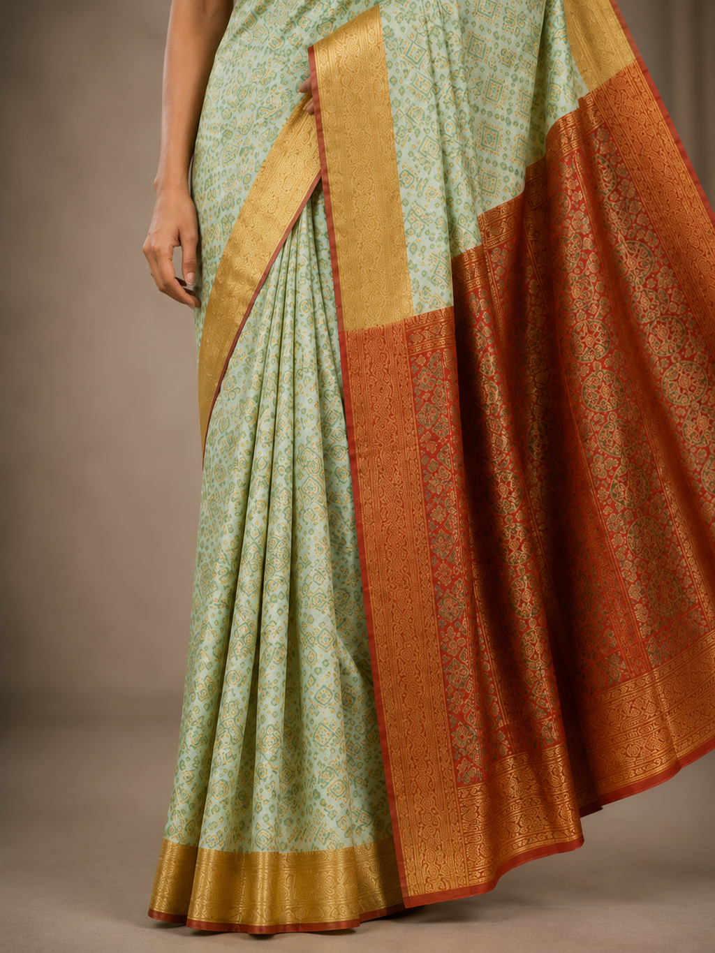 Olive Green Bandhani Print Designer Saree with Elegant Border