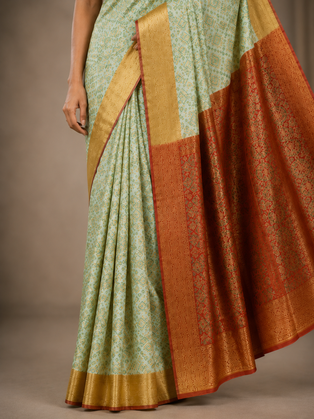 Olive Green Bandhani Print Designer Saree with Elegant Border