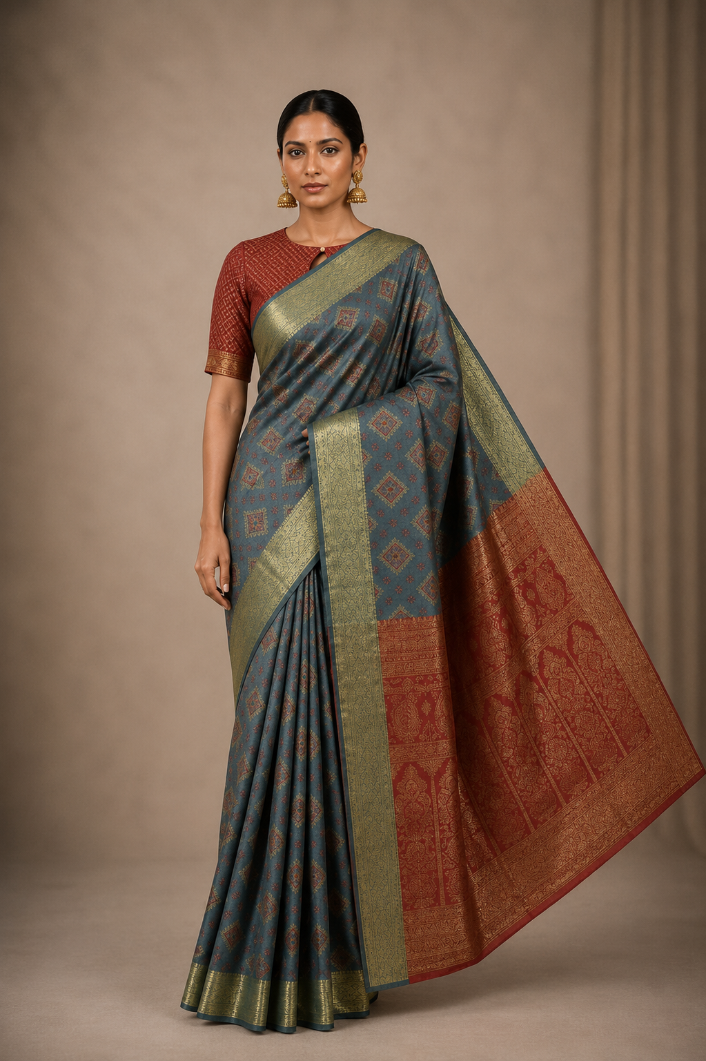 Elegant Steel Blue Banarasi Style Saree with Rich Rust Zari Pallu