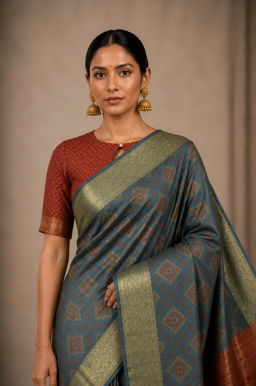 Elegant Steel Blue Banarasi Style Saree with Rich Rust Zari Pallu