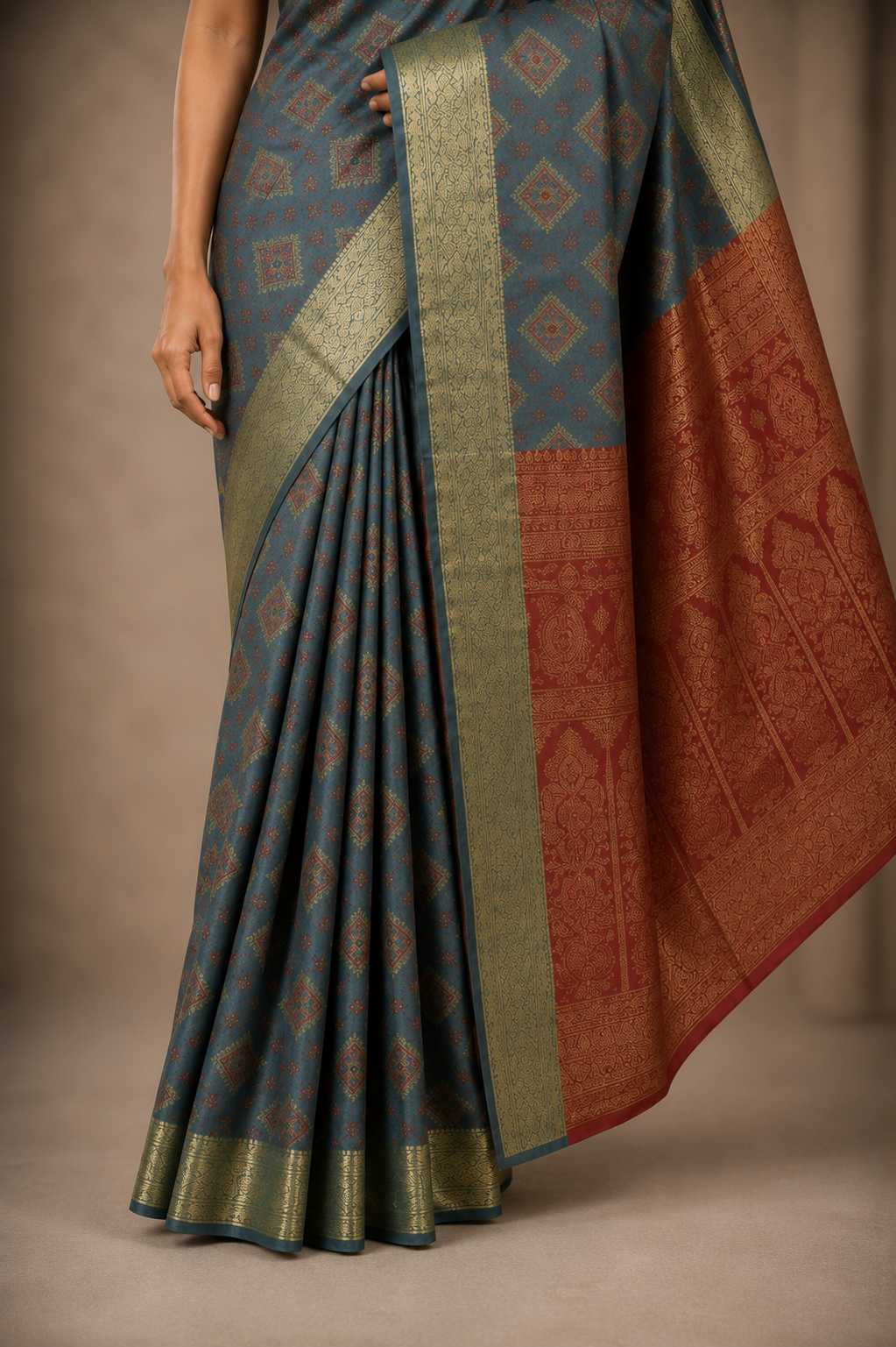 Elegant Steel Blue Banarasi Style Saree with Rich Rust Zari Pallu