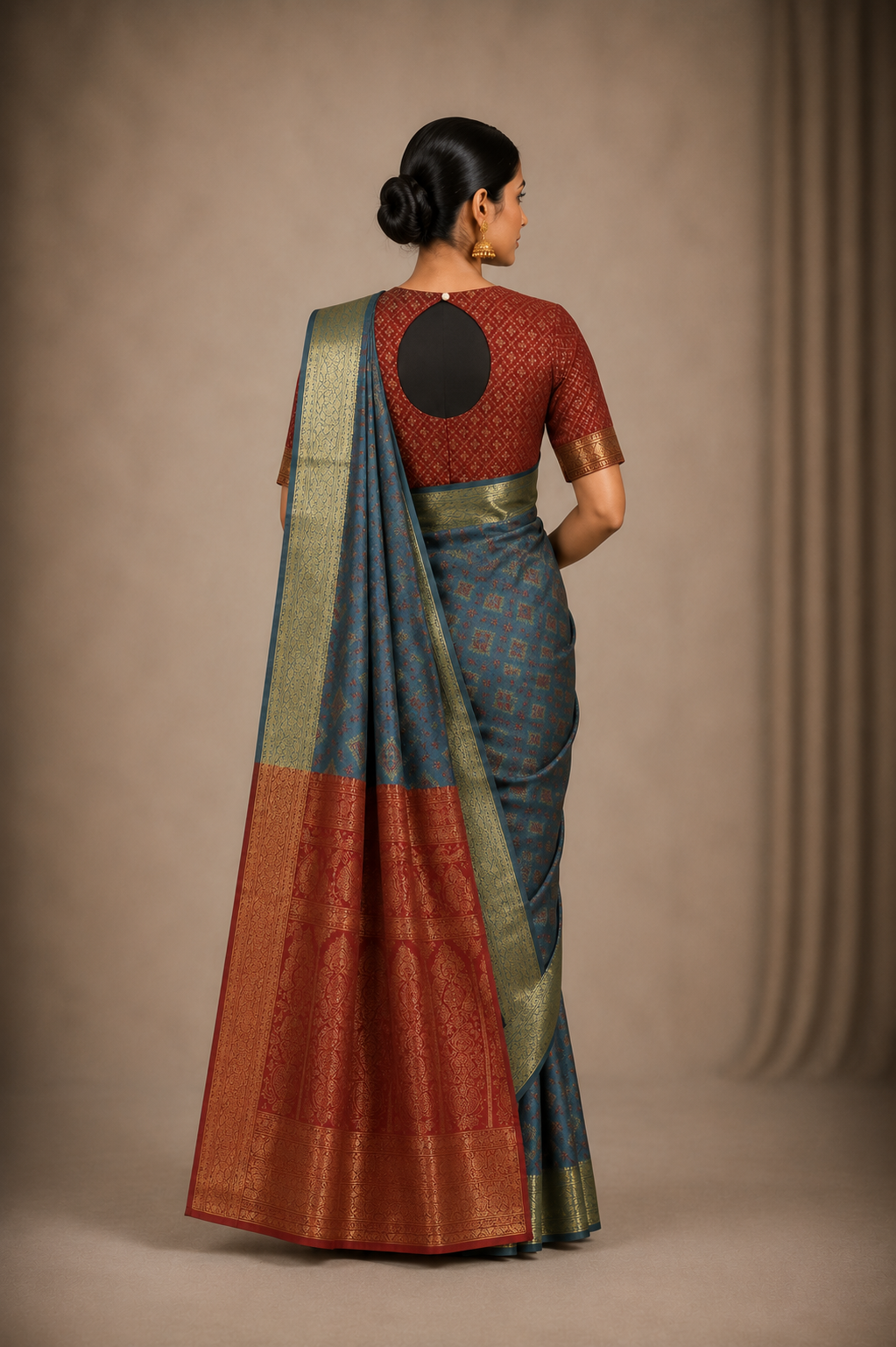Elegant Steel Blue Banarasi Style Saree with Rich Rust Zari Pallu