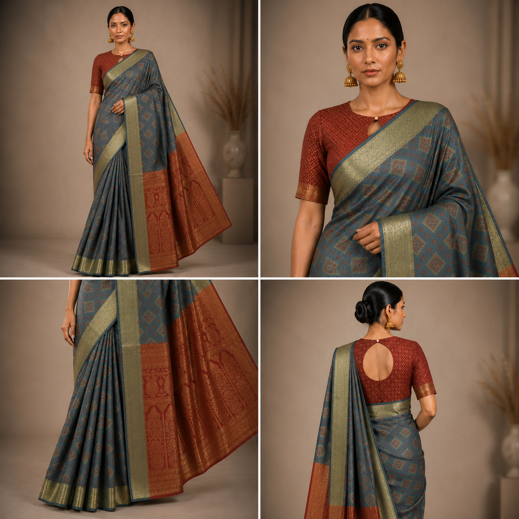 Elegant Steel Blue Banarasi Style Saree with Rich Rust Zari Pallu