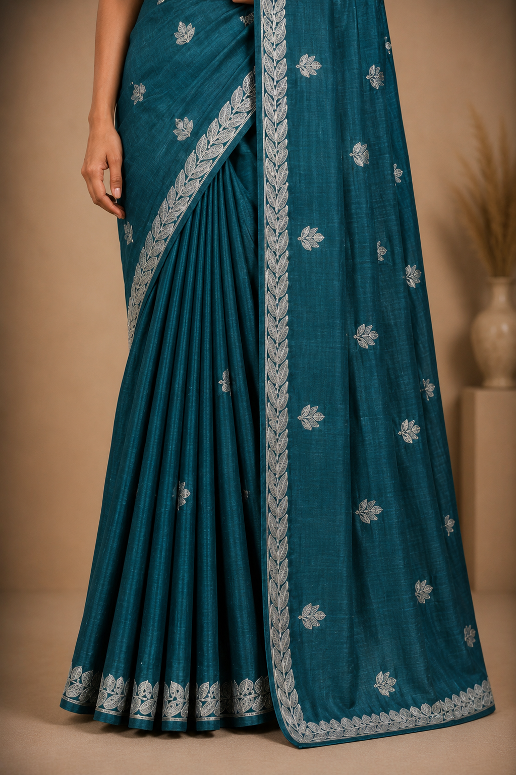 Elegant Teal Embroidered Designer Saree with Silver Floral Border