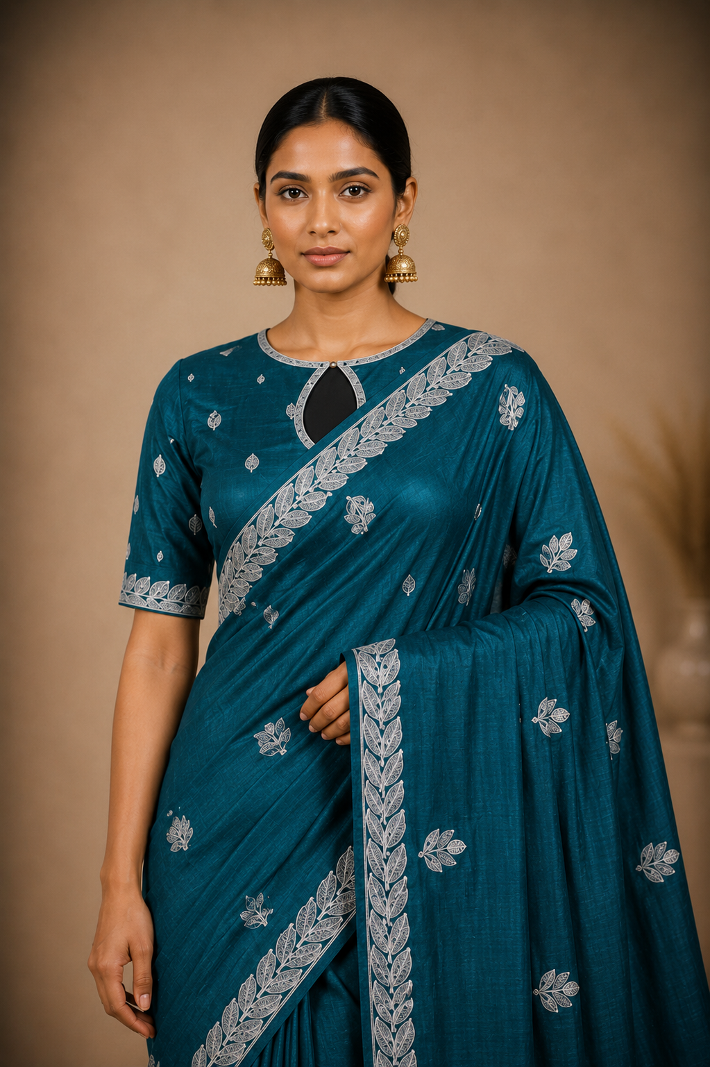 Elegant Teal Embroidered Designer Saree with Silver Floral Border