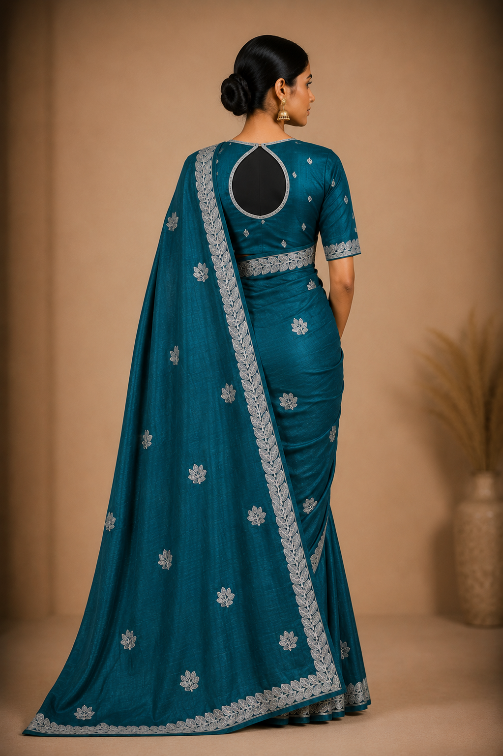Elegant Teal Embroidered Designer Saree with Silver Floral Border