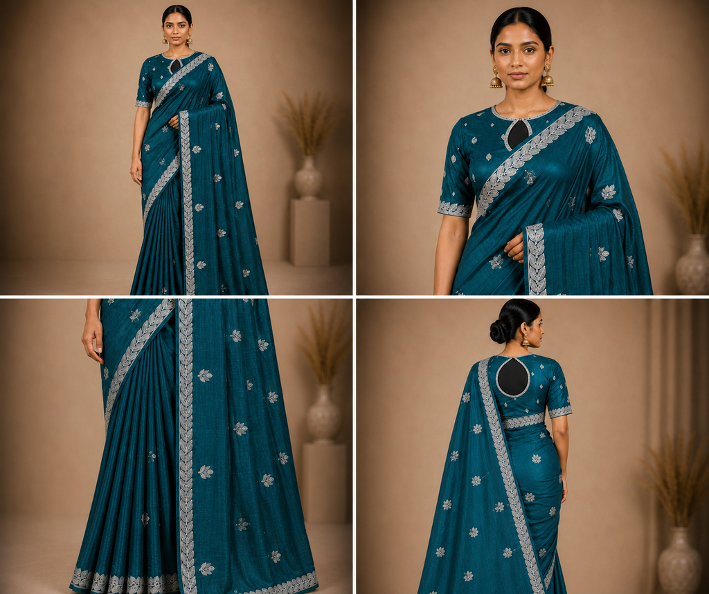 Elegant Teal Embroidered Designer Saree with Silver Floral Border