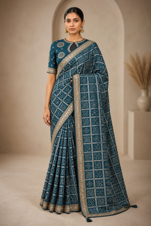 Elegant Teal Bandhani Print Saree with Woven Border