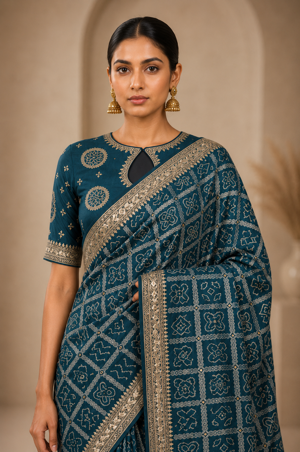 Elegant Teal Bandhani Print Saree with Woven Border