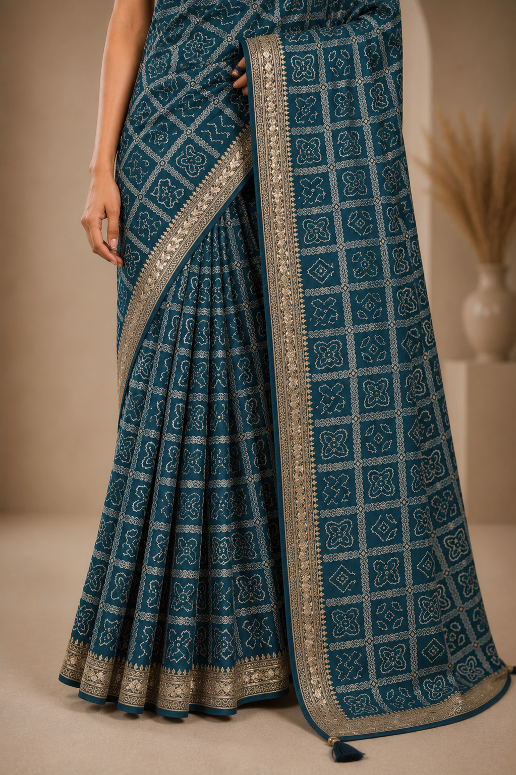 Elegant Teal Bandhani Print Saree with Woven Border