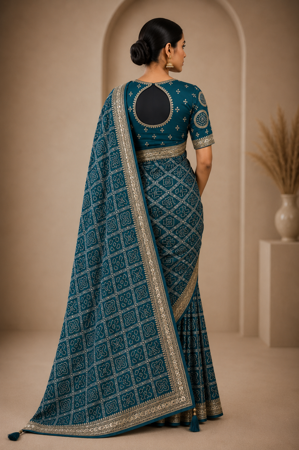 Elegant Teal Bandhani Print Saree with Woven Border