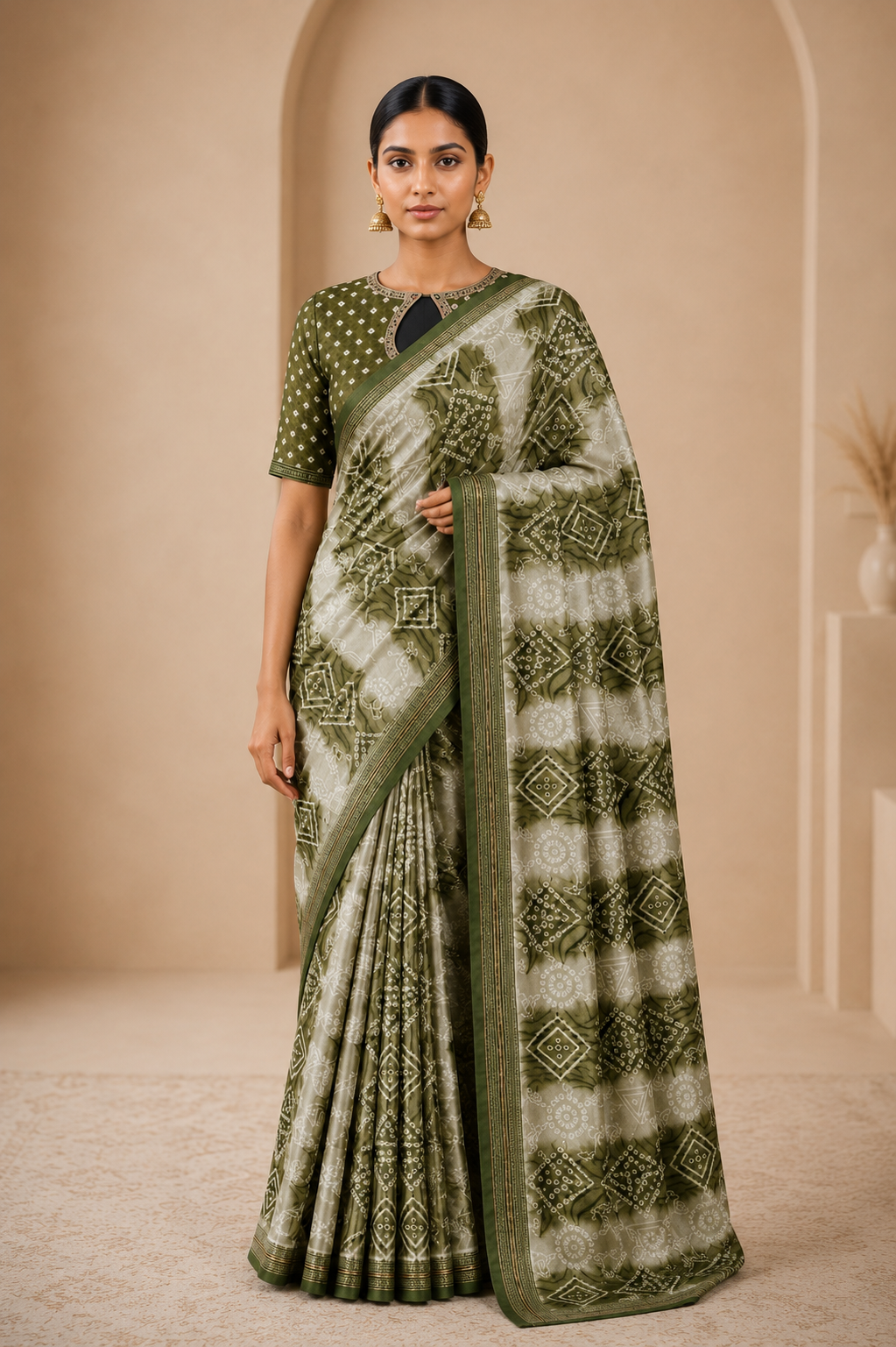Olive Green Printed Saree with Elegant Border
