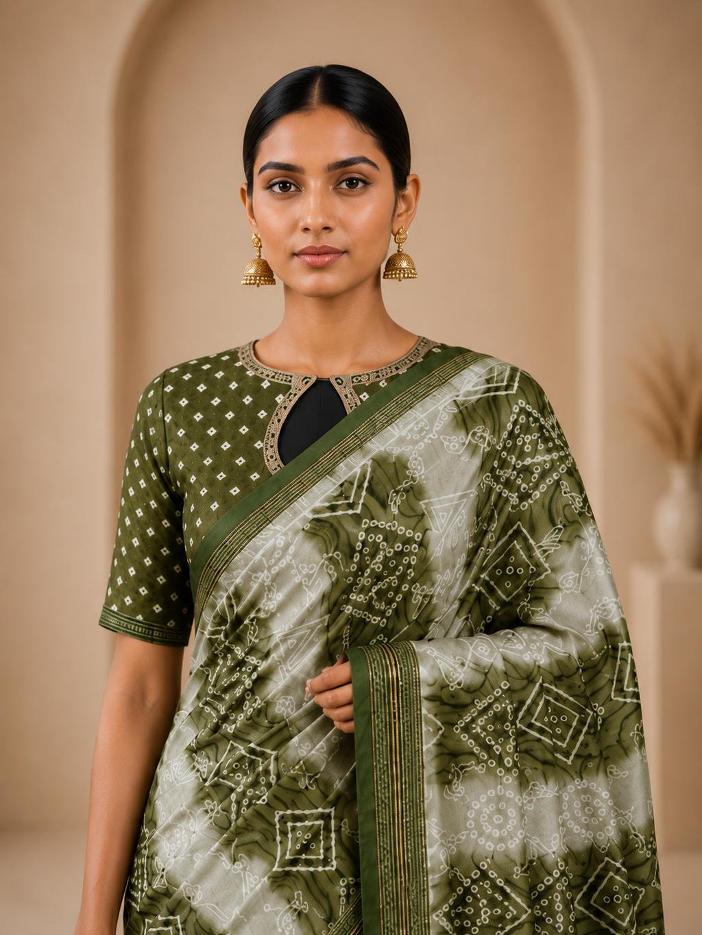Olive Green Printed Saree with Elegant Border