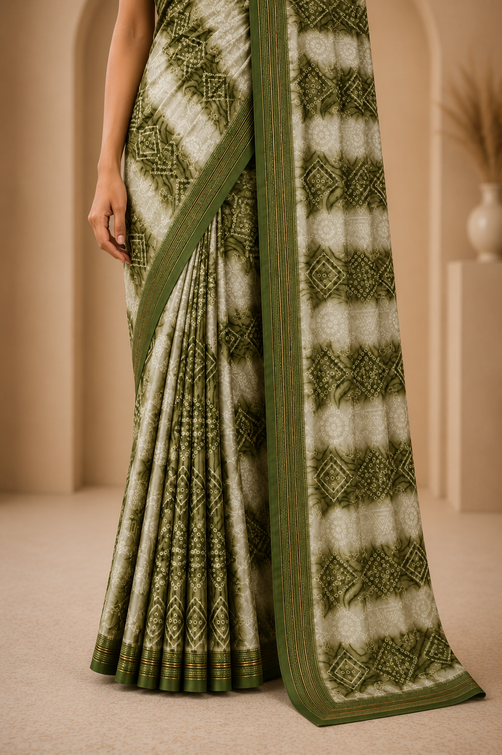 Olive Green Printed Saree with Elegant Border