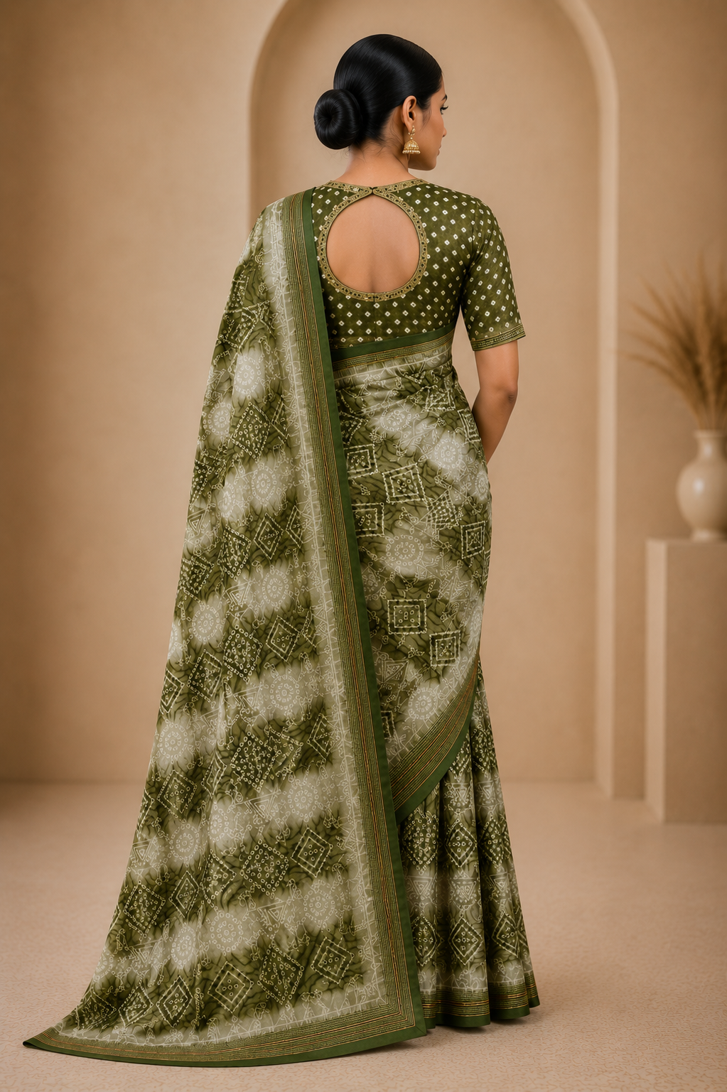 Olive Green Printed Saree with Elegant Border