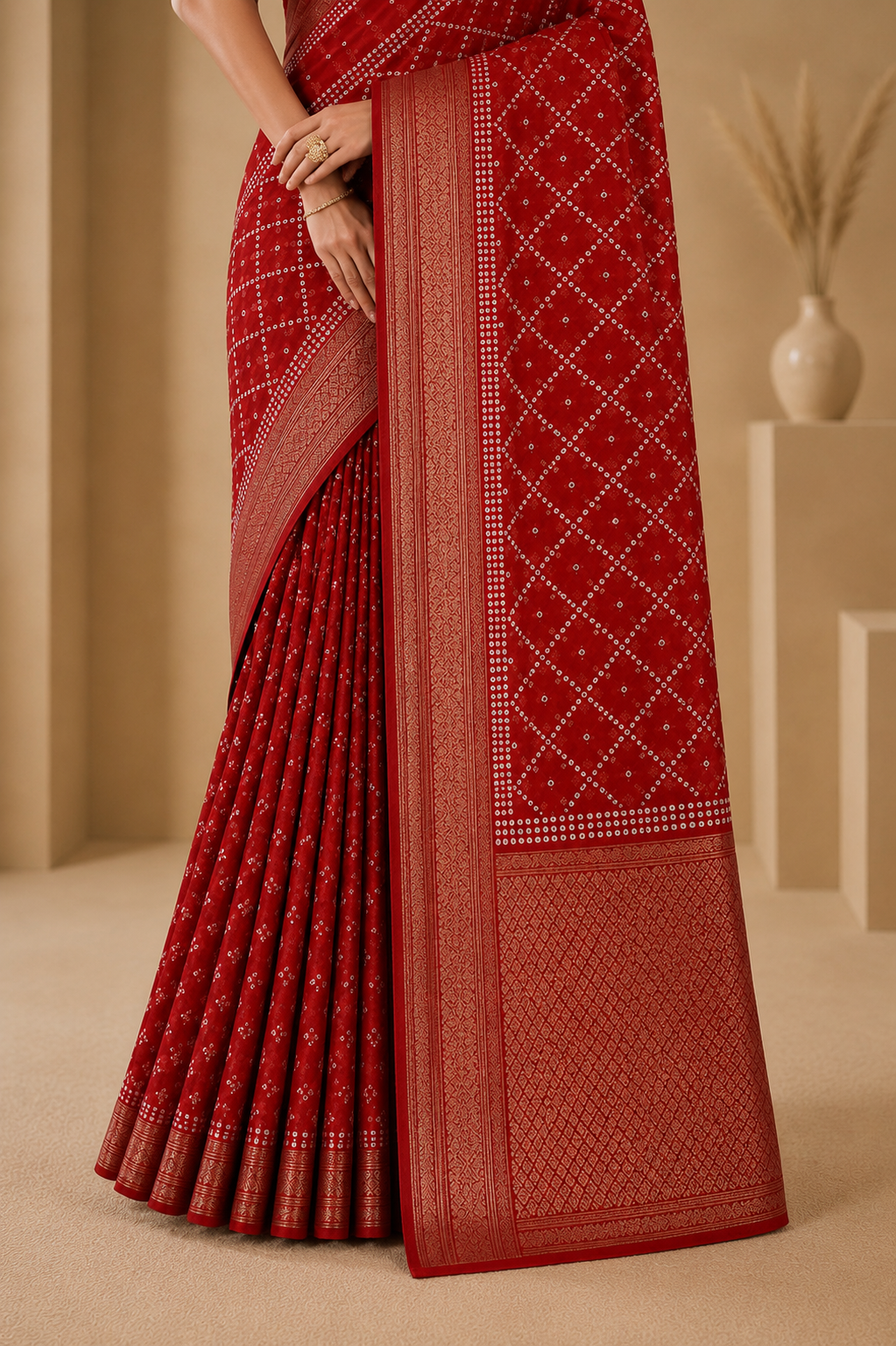 Traditional Red Bandhani Print Saree with Rich Woven Border