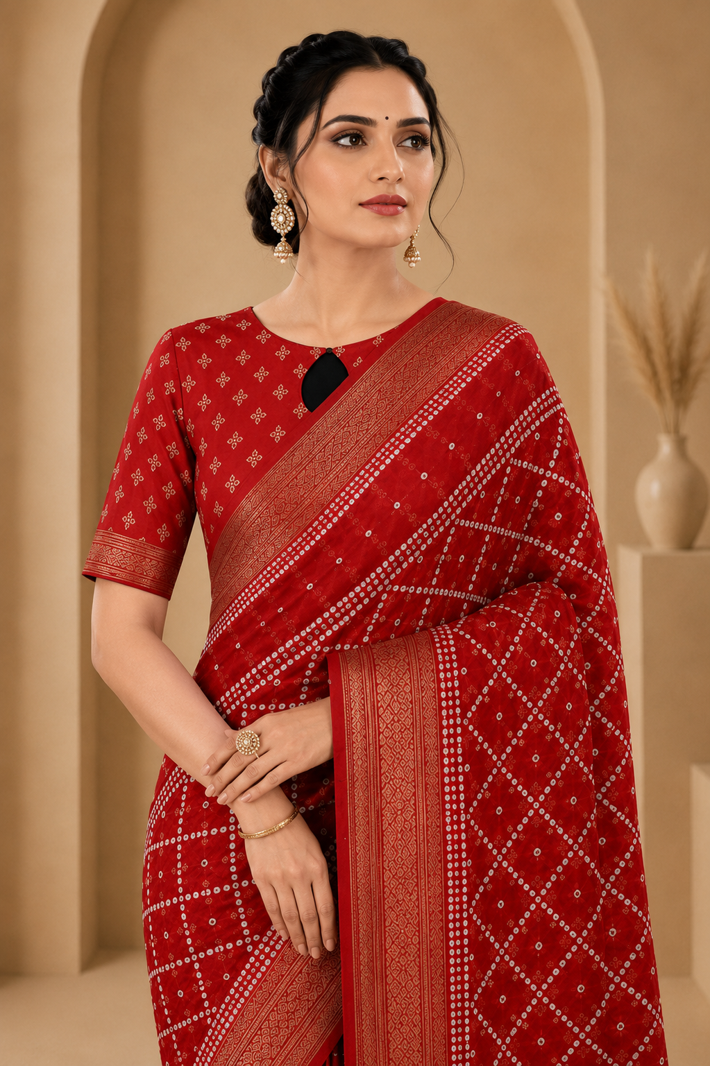 Traditional Red Bandhani Print Saree with Rich Woven Border