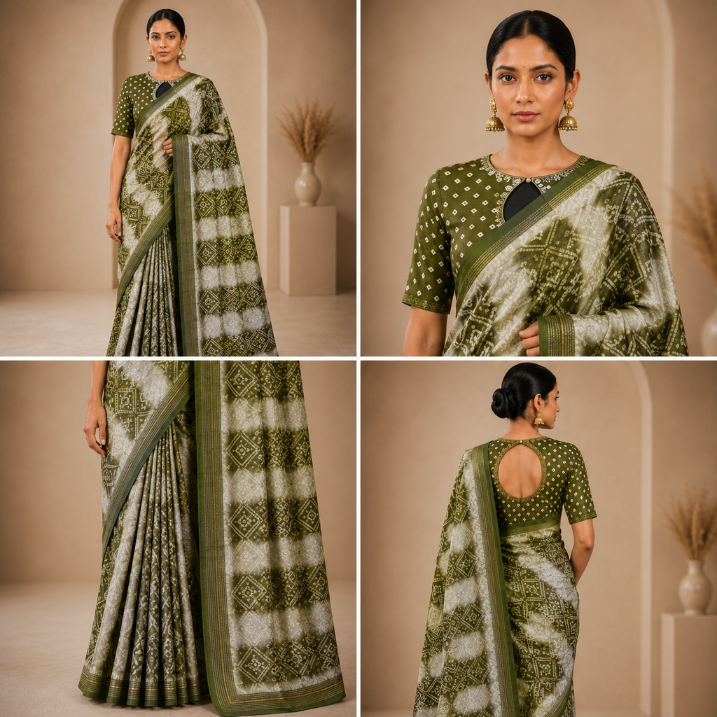 Olive Green Printed Saree with Elegant Border
