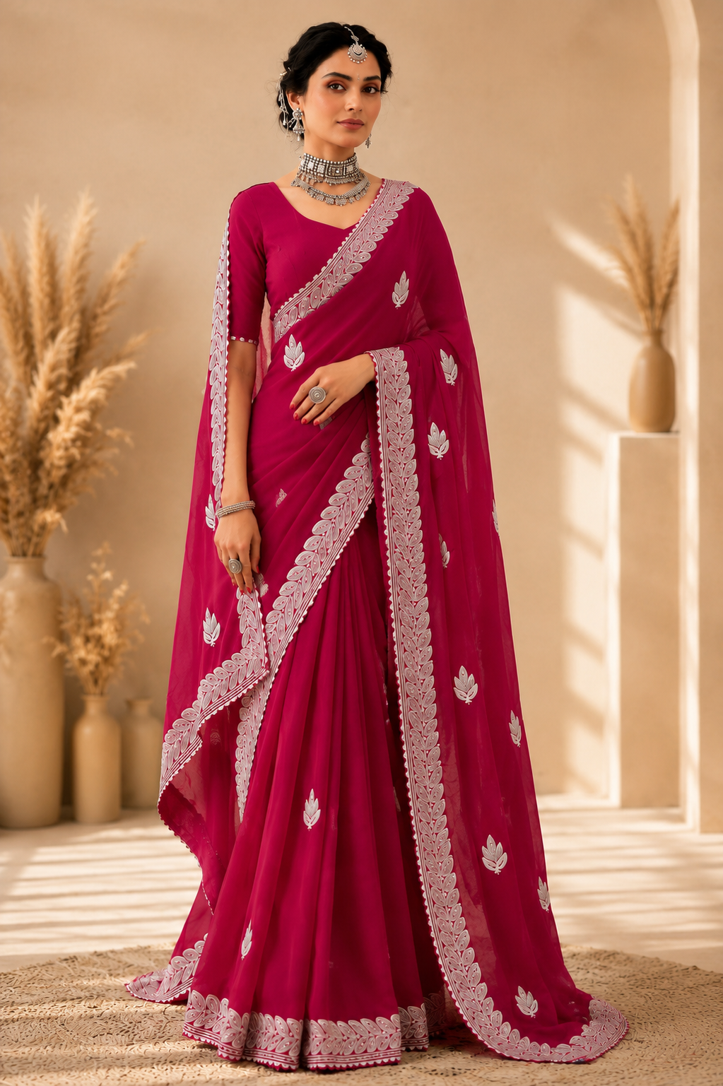 Radiant Rani Pink Embroidered Saree with Elegant Silver Floral Border