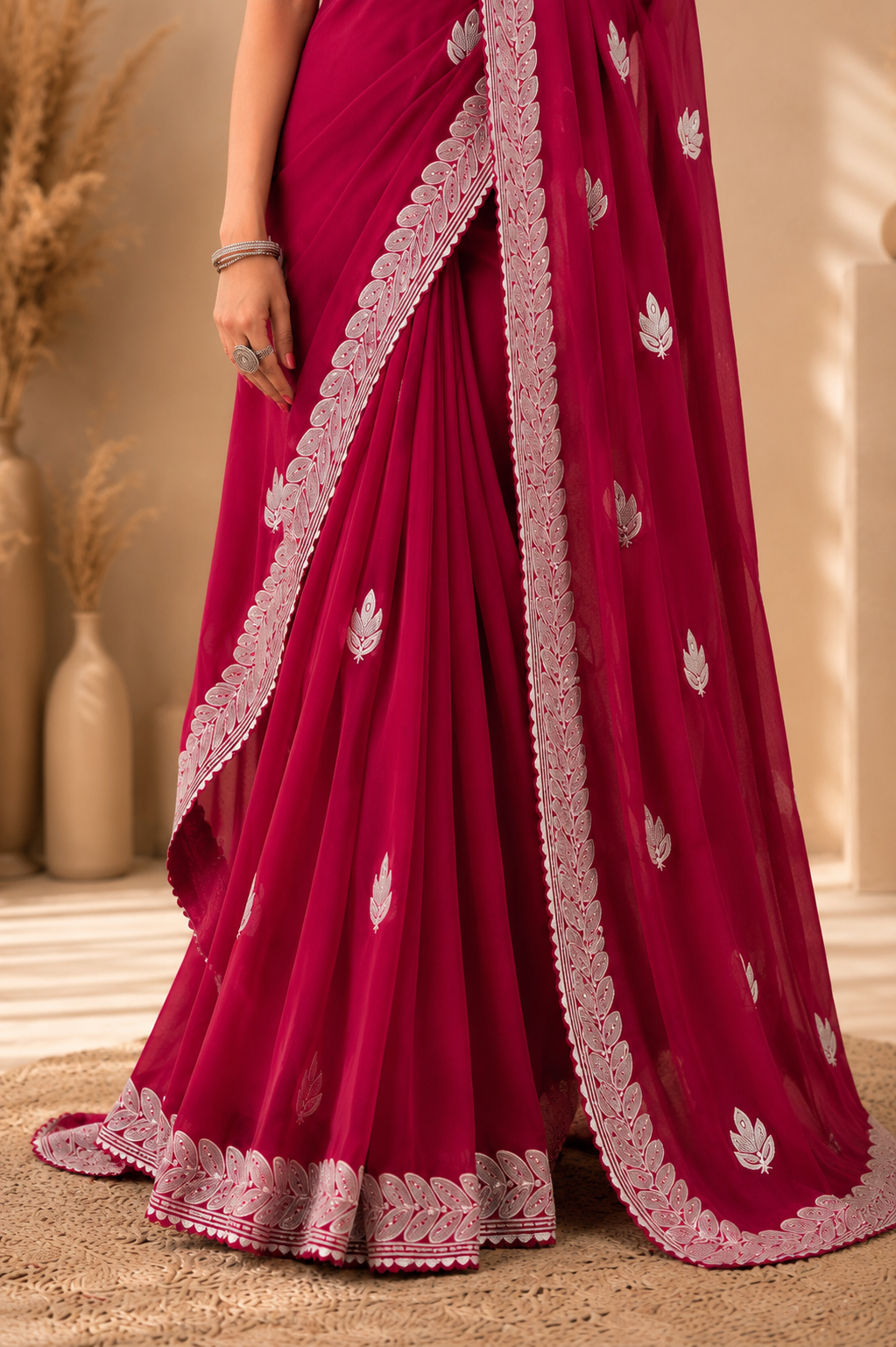 Radiant Rani Pink Embroidered Saree with Elegant Silver Floral Border
