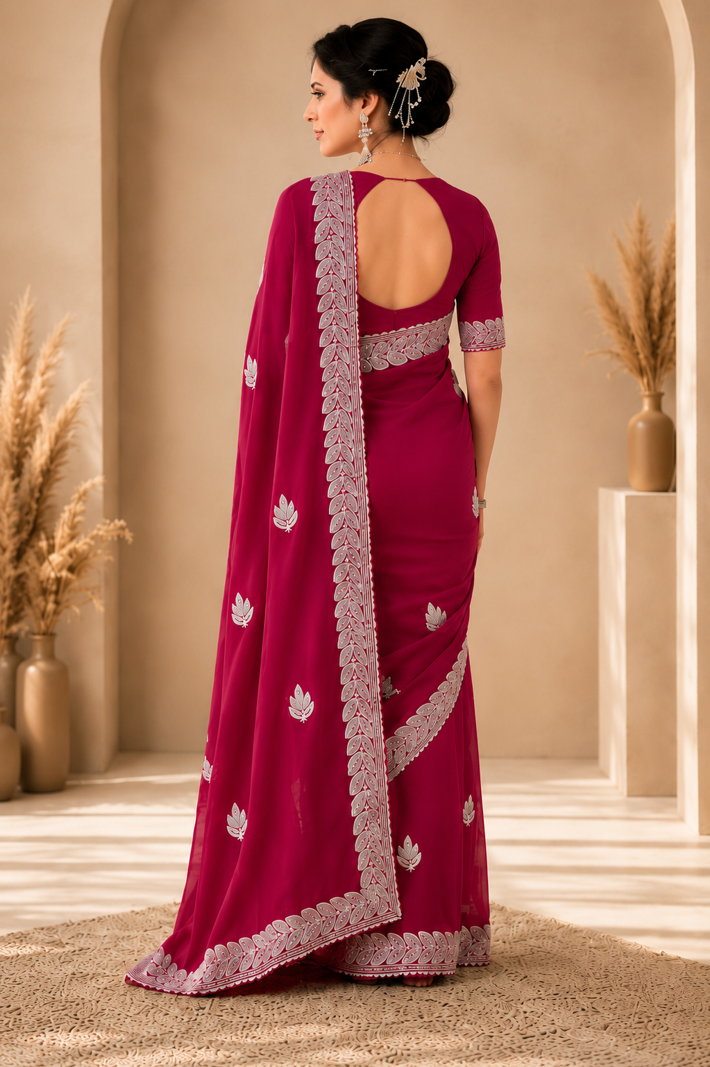Radiant Rani Pink Embroidered Saree with Elegant Silver Floral Border