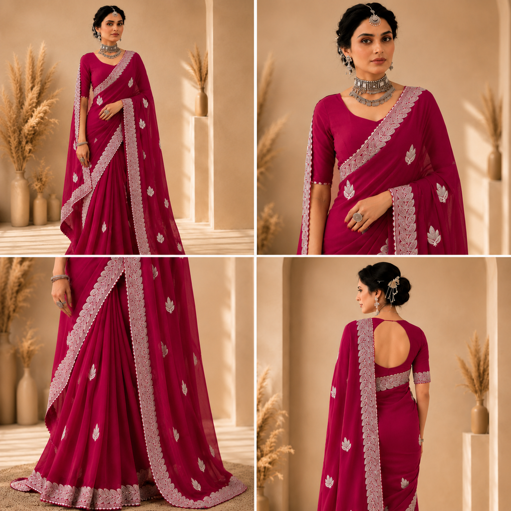 Radiant Rani Pink Embroidered Saree with Elegant Silver Floral Border