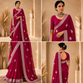 Radiant Rani Pink Embroidered Saree with Elegant Silver Floral Border