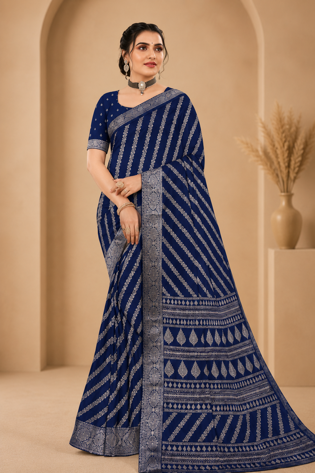 Royal Blue Printed Saree with Elegant Traditional Border