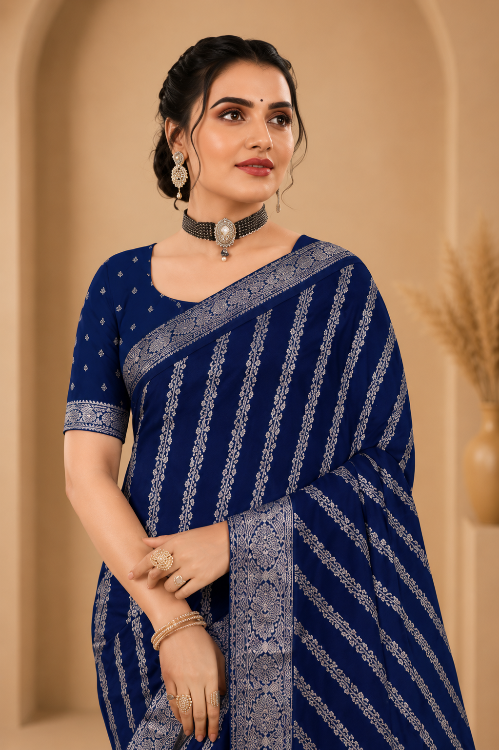 Royal Blue Printed Saree with Elegant Traditional Border