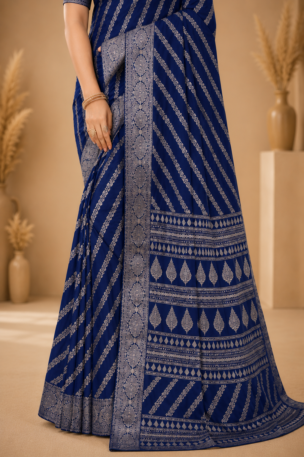 Royal Blue Printed Saree with Elegant Traditional Border