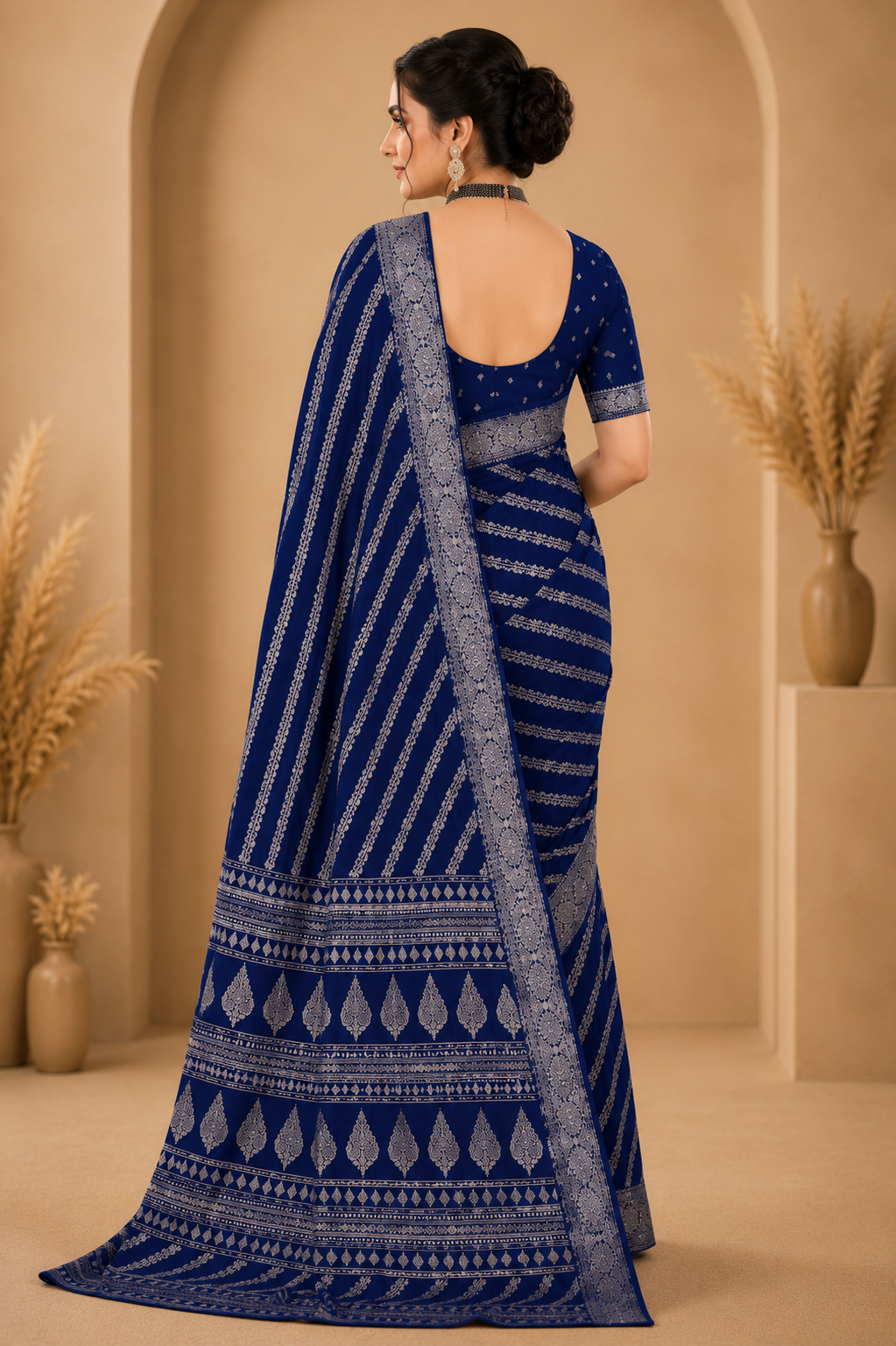 Royal Blue Printed Saree with Elegant Traditional Border