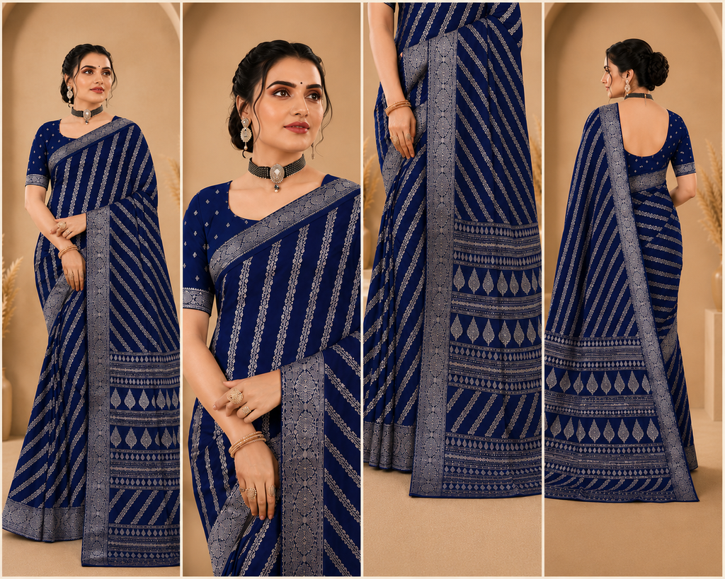 Royal Blue Printed Saree with Elegant Traditional Border