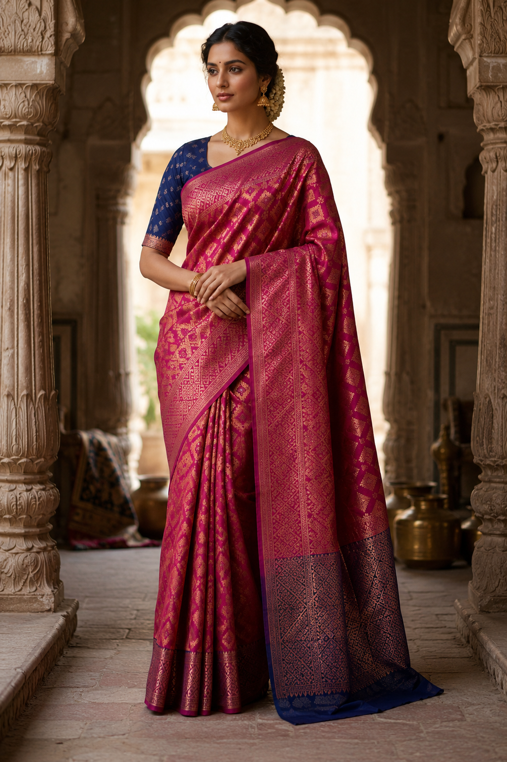 Premium Magenta & Navy Blue Woven Silk Blend Saree with Rich Zari Design
