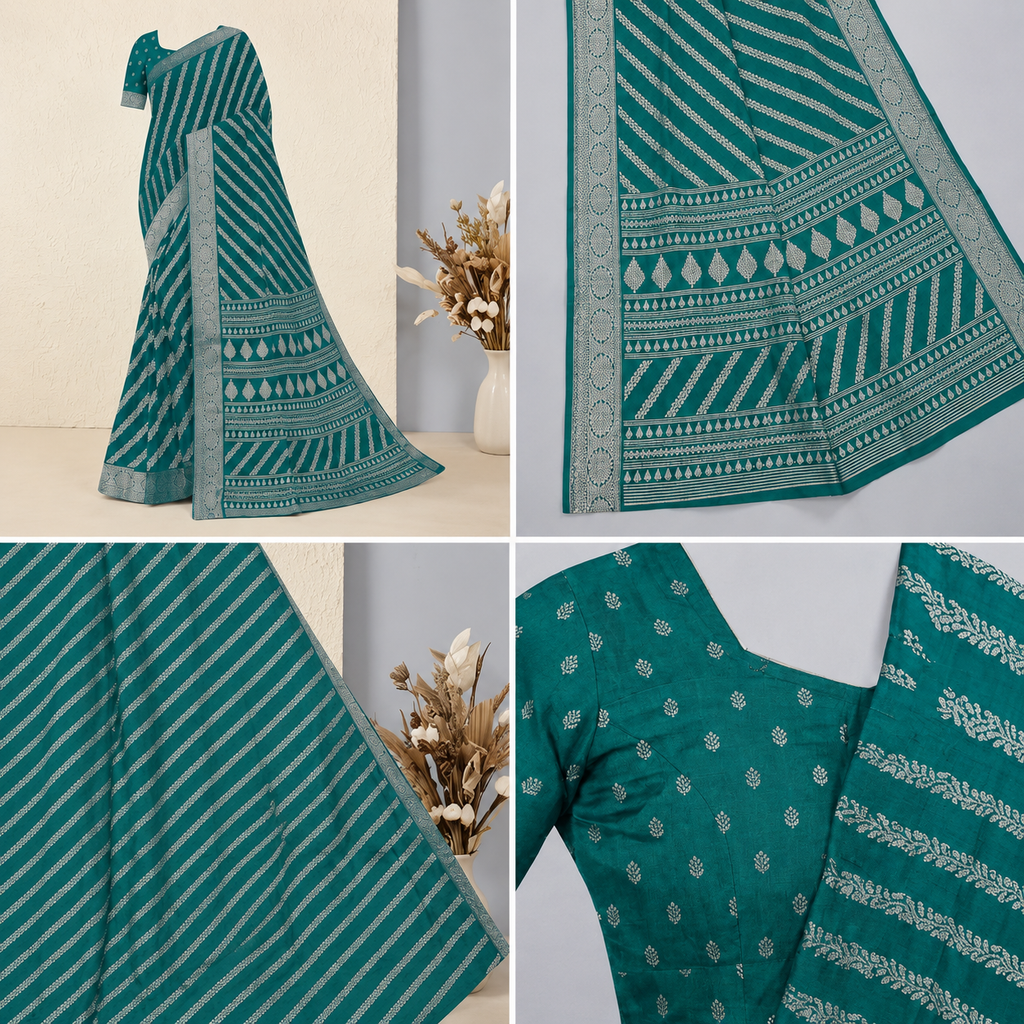 Elegant Teal Blue Printed Saree with Intricate Silver Zari-Style Border and Traditional Pallu
