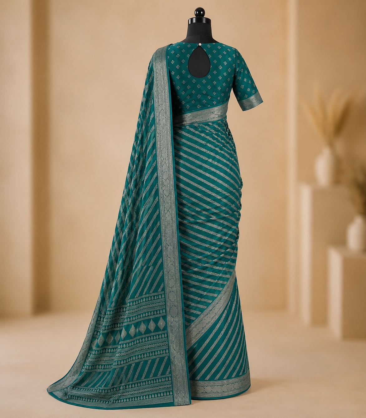 Elegant Teal Blue Printed Saree with Intricate Silver Zari-Style Border and Traditional Pallu