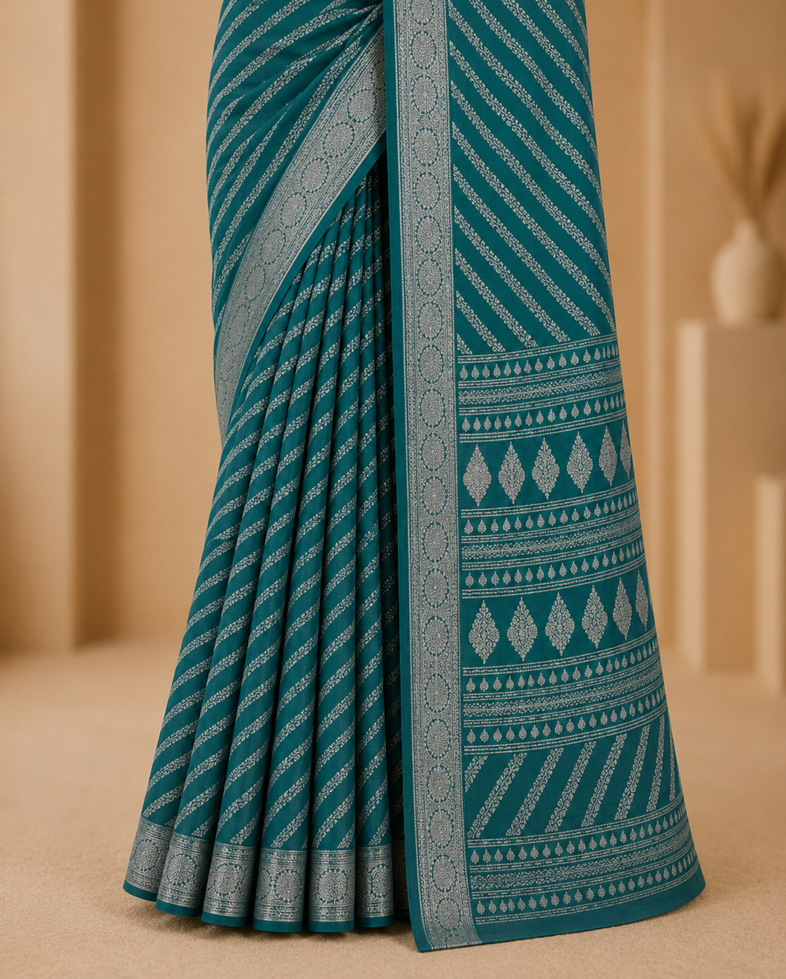 Elegant Teal Blue Printed Saree with Intricate Silver Zari-Style Border and Traditional Pallu