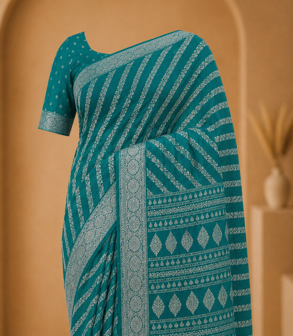 Elegant Teal Blue Printed Saree with Intricate Silver Zari-Style Border and Traditional Pallu