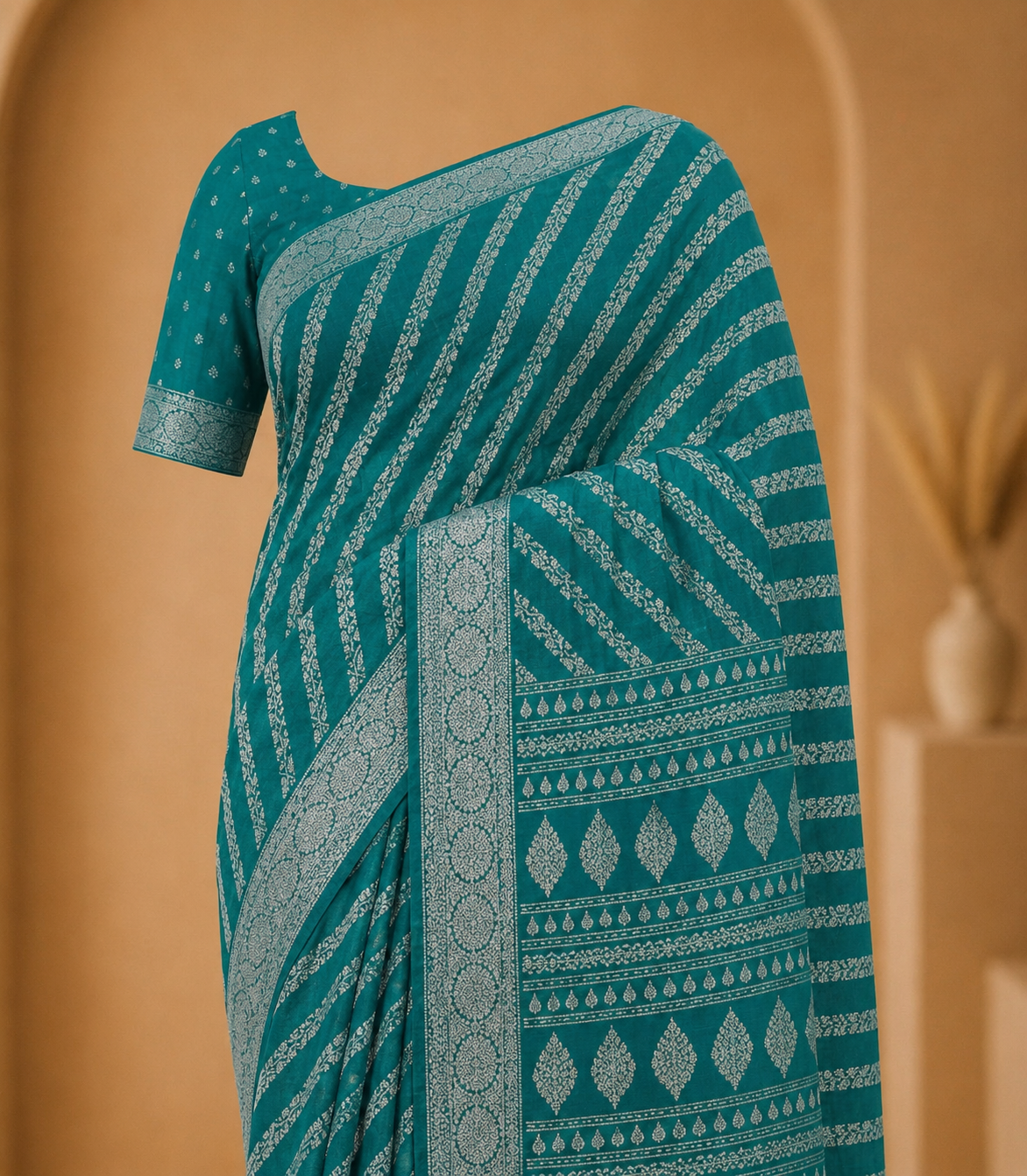 Elegant Teal Blue Printed Saree with Intricate Silver Zari-Style Border and Traditional Pallu