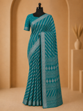 Elegant Teal Blue Printed Saree with Intricate Silver Zari-Style Border and Traditional Pallu