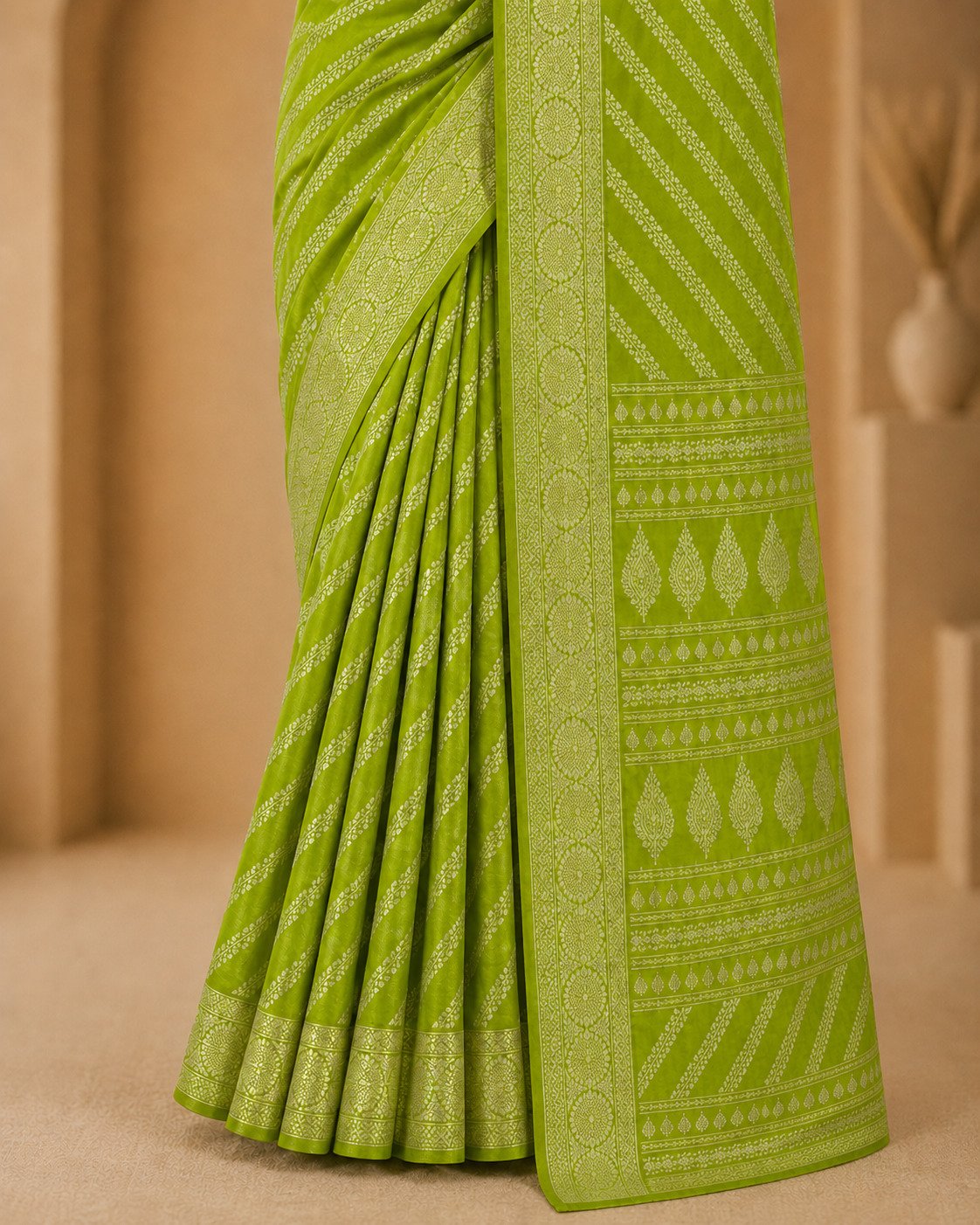 Lime Green Printed Saree with Elegant Traditional Border