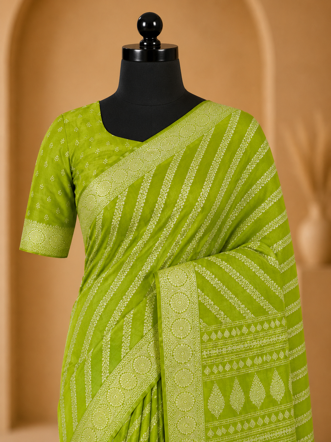 Lime Green Printed Saree with Elegant Traditional Border