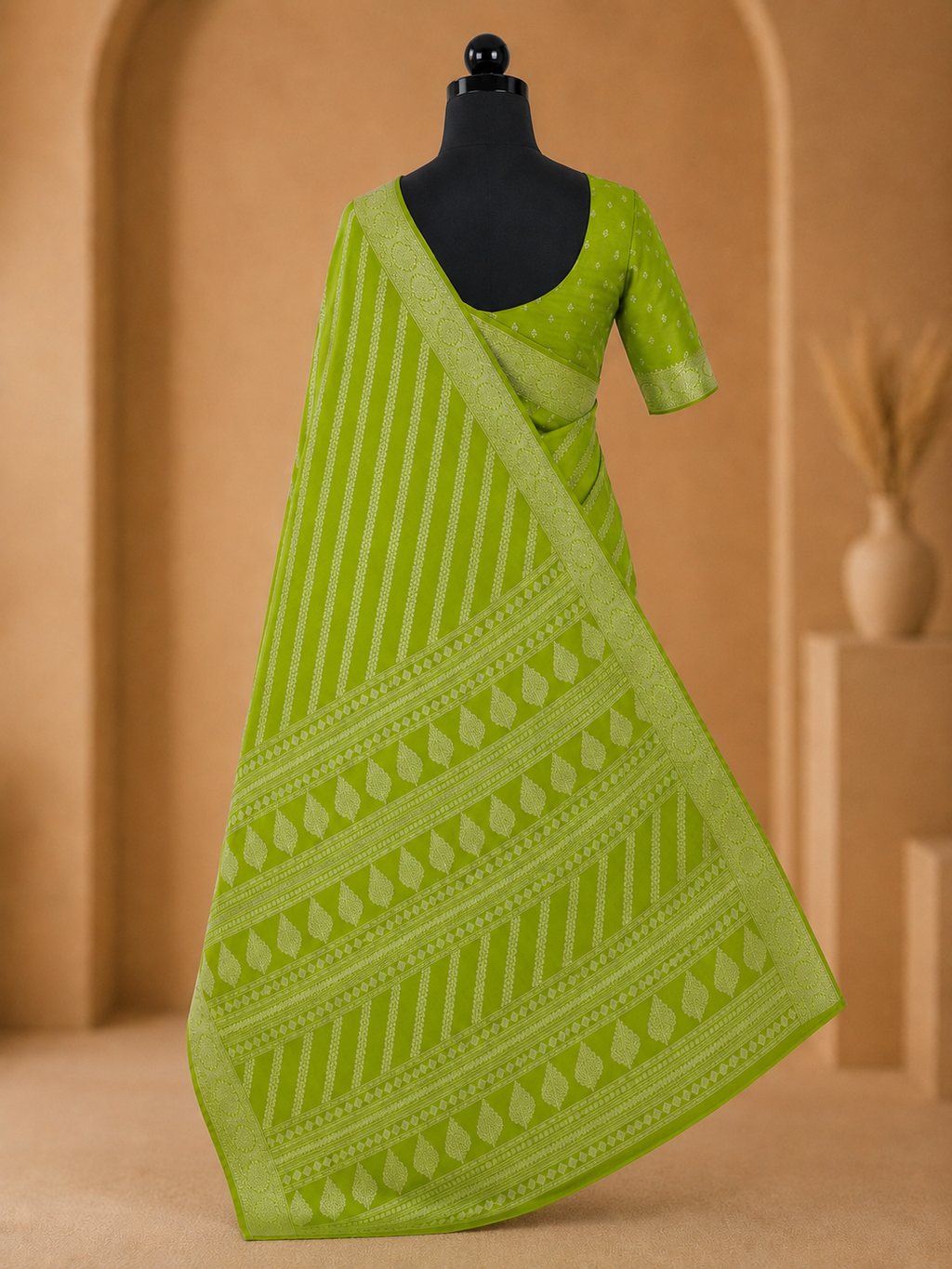 Lime Green Printed Saree with Elegant Traditional Border