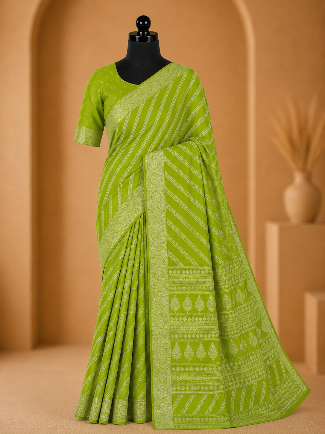 Lime Green Printed Saree with Elegant Traditional Border