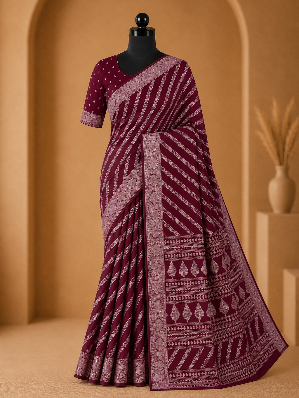 Royal Wine Printed Saree with Elegant Traditional Border