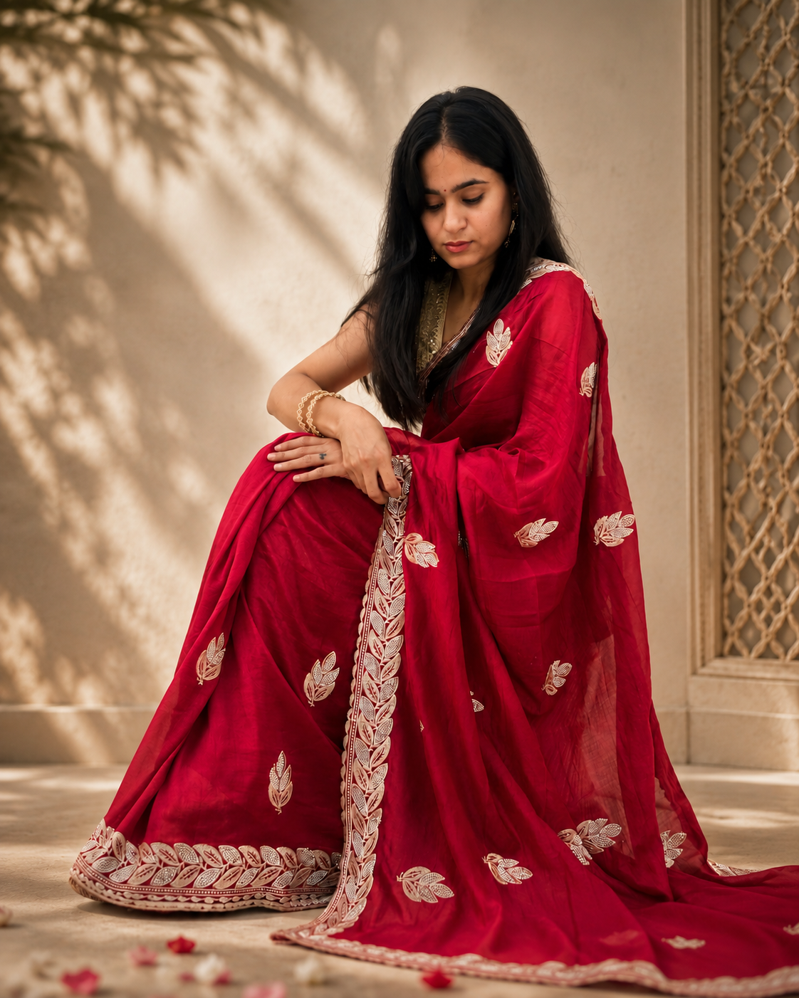 Royal Red Embroidered Saree with Elegant Silver Leaf Border
