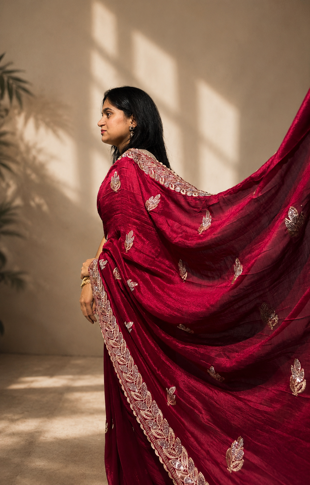 Royal Red Embroidered Saree with Elegant Silver Leaf Border