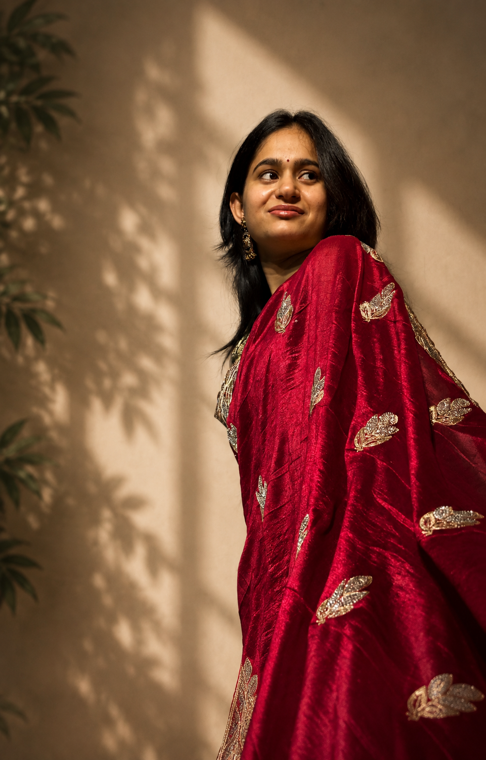 Royal Red Embroidered Saree with Elegant Silver Leaf Border